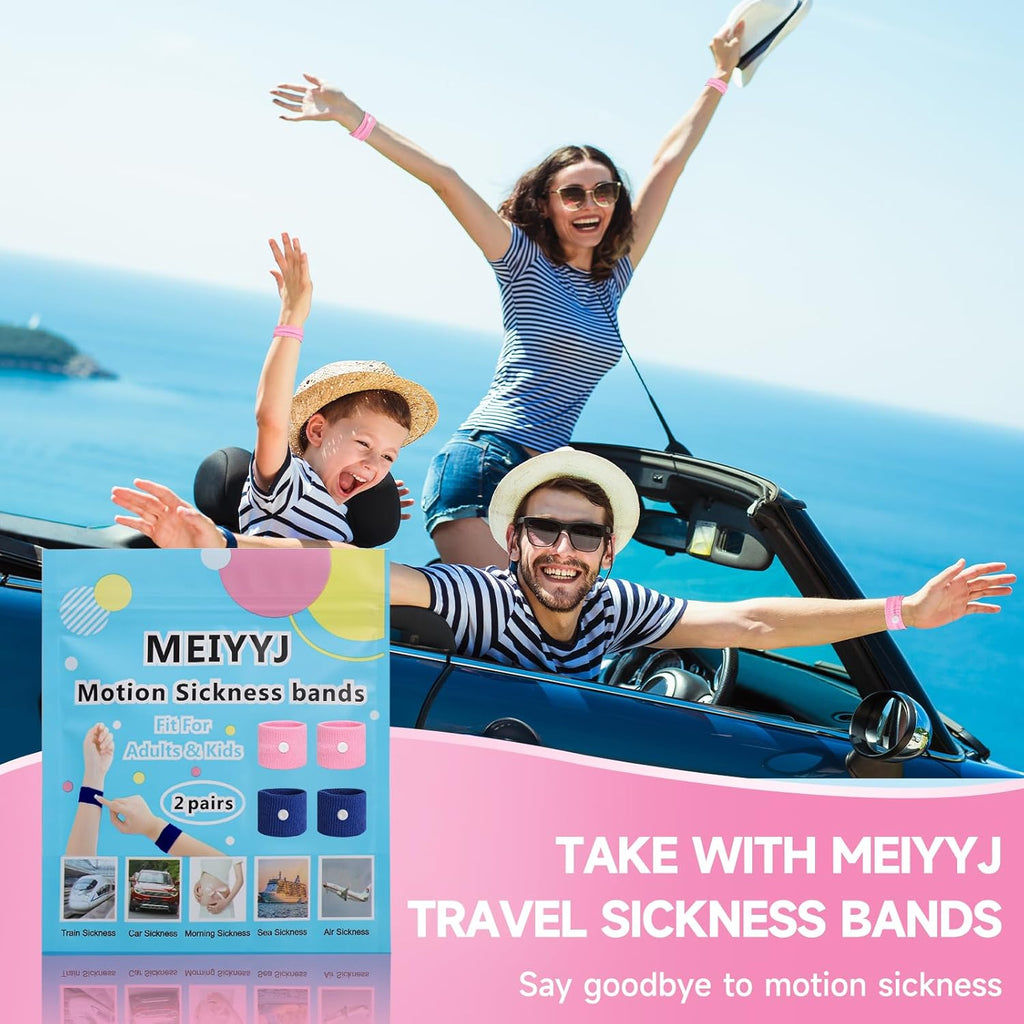 Travel Sickness Bands Adult Motion Sickness Bands for Kids Cruise Travel Essentials anti Sickness Wristbands for Pregnancy Women, 2 Pairs (Pink,Blue)