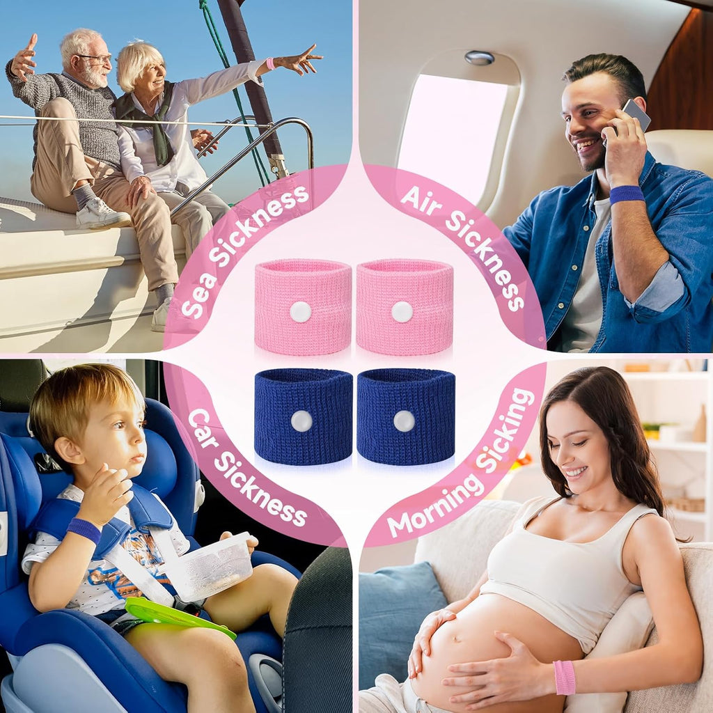Travel Sickness Bands Adult Motion Sickness Bands for Kids Cruise Travel Essentials anti Sickness Wristbands for Pregnancy Women, 2 Pairs (Pink,Blue)