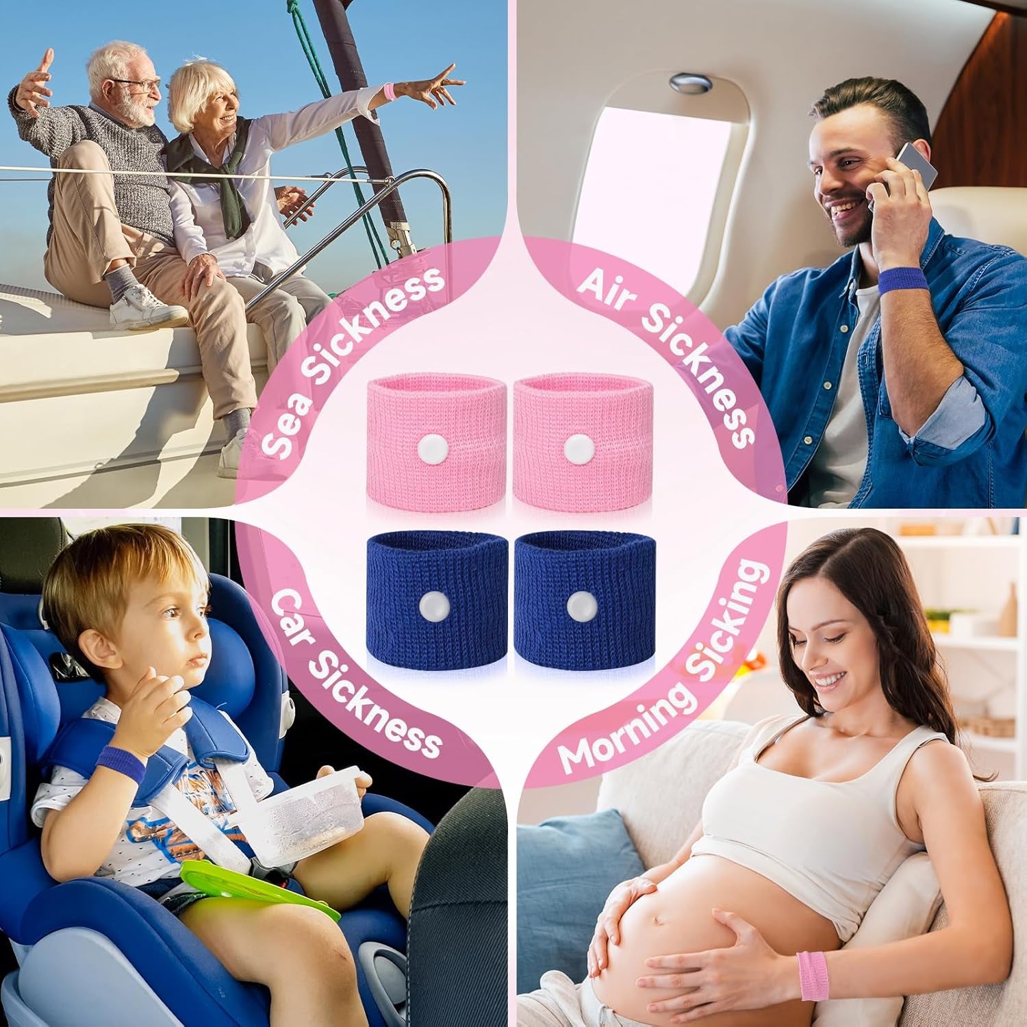 Travel Sickness Bands Adult Motion Sickness Bands for Kids Cruise Travel Essentials anti Sickness Wristbands for Pregnancy Women, 2 Pairs (Pink,Blue)